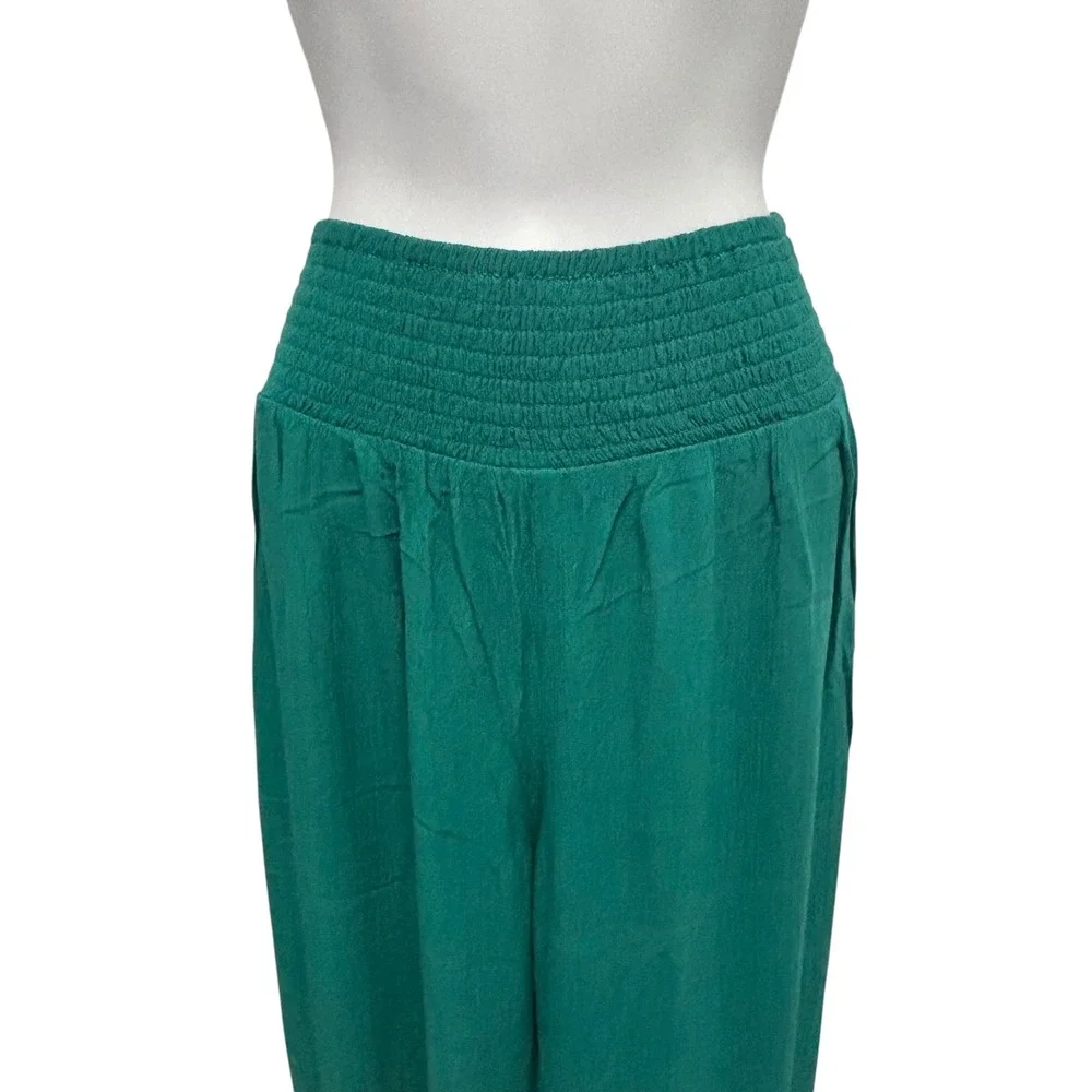 Time for Me Womens Teal Green Embroidered Wide Leg Boho Smocked Pants Large - Picture 6 of 12